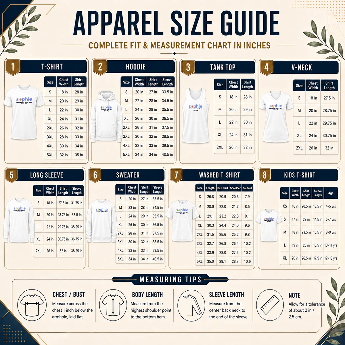 Hot Nice Sophie Cunningham Basketball Procamp Size Chart Size chart for Hot Nice Sophie Cunningham Basketball Procamp showing measurements in inches and cm