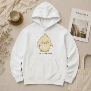 Hot Premium Yellow Chick Holding Knife I Am At My Limit Hoodie in bright yellow with front pouch pocket and drawstring hood