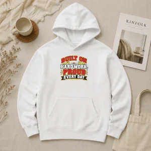 Hot Pretty Labour Day Pride Inspirational Quote Hard Work Hoodie in charcoal gray with front graphic and kangaroo pocket
