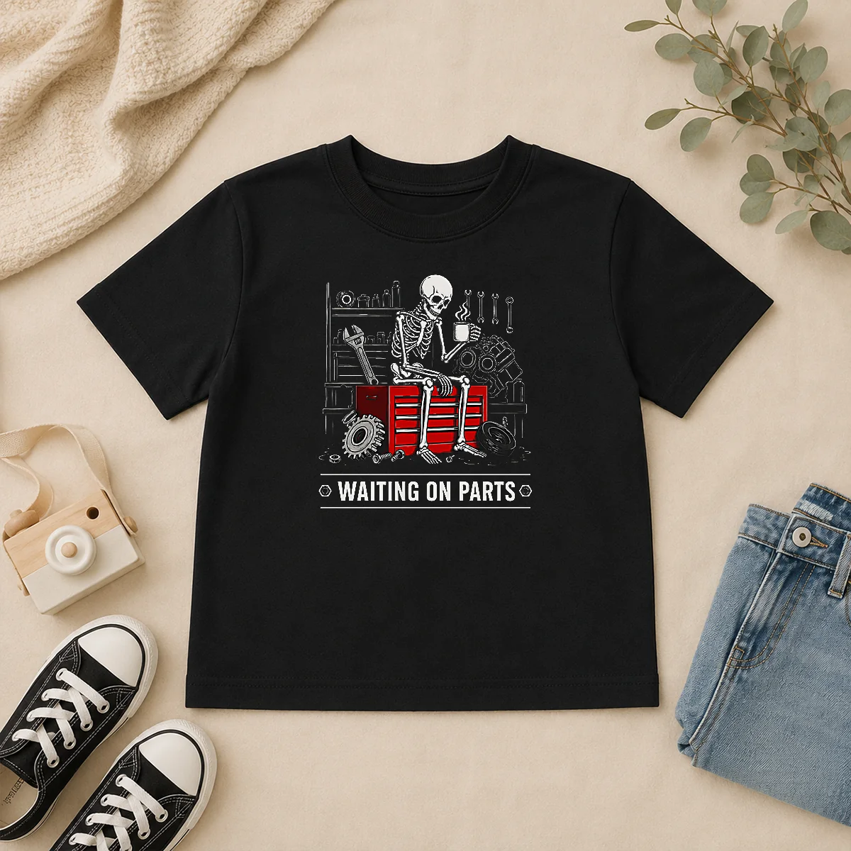 hot-pretty-waiting-on-parts-skeleton-mechanic-humor-kids-t-shirt