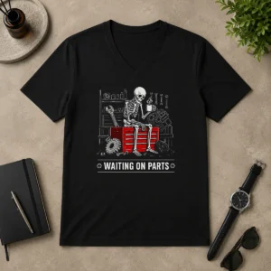 Hot Pretty Waiting On Parts Skeleton Mechanic Humor V Neck Shirt with short sleeves and fitted cut