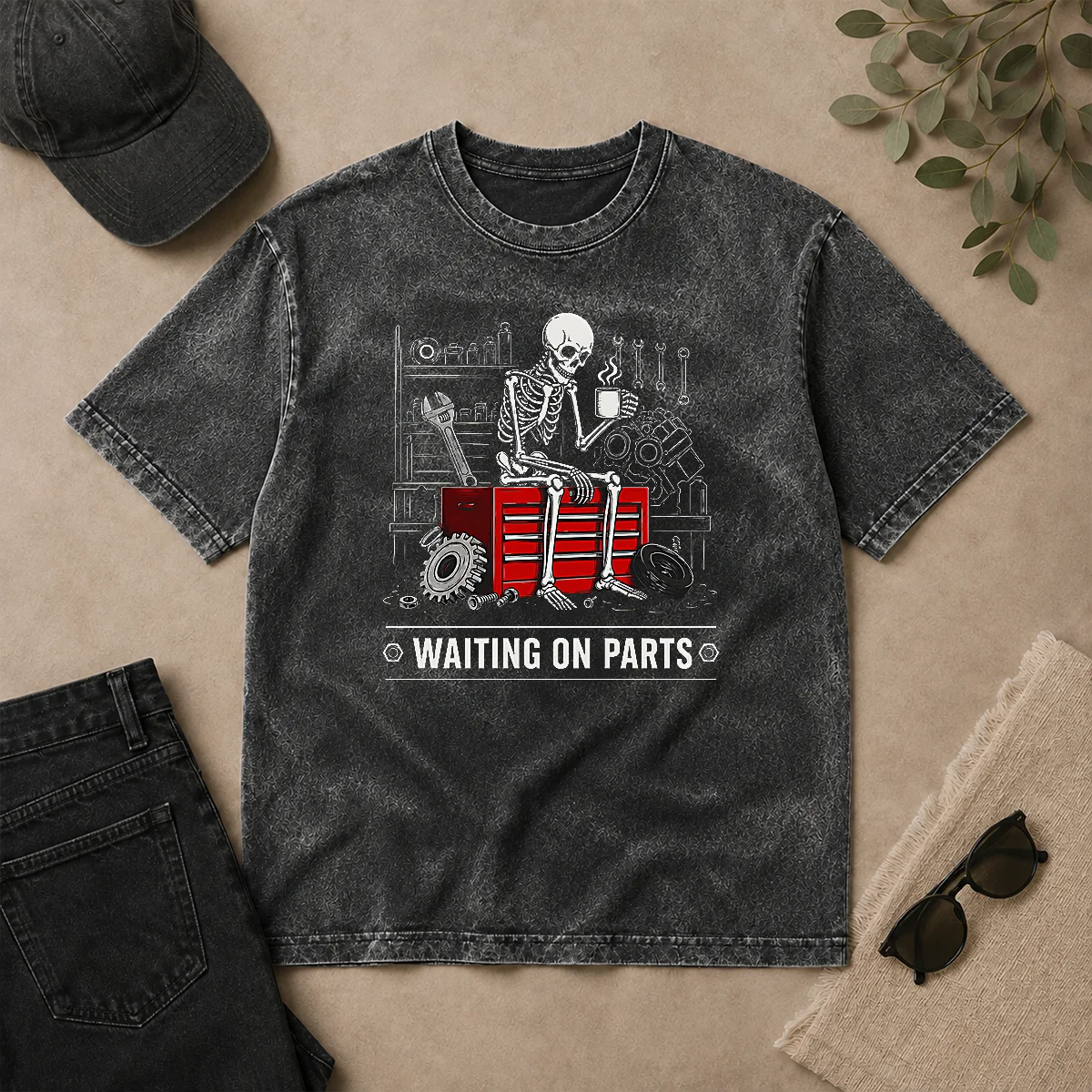 Hot Pretty Waiting On Parts Skeleton Mechanic Humor Washed T Shirt Hot Pretty Waiting On Parts Skeleton Mechanic Humor Washed T-Shirt