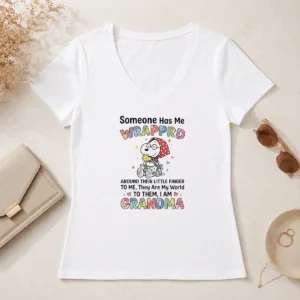 Hot Snoopy Woodstock Peanuts Someone Has Me Wrapprd Around Their Little Finger I Am Grandma V-Neck Shirt