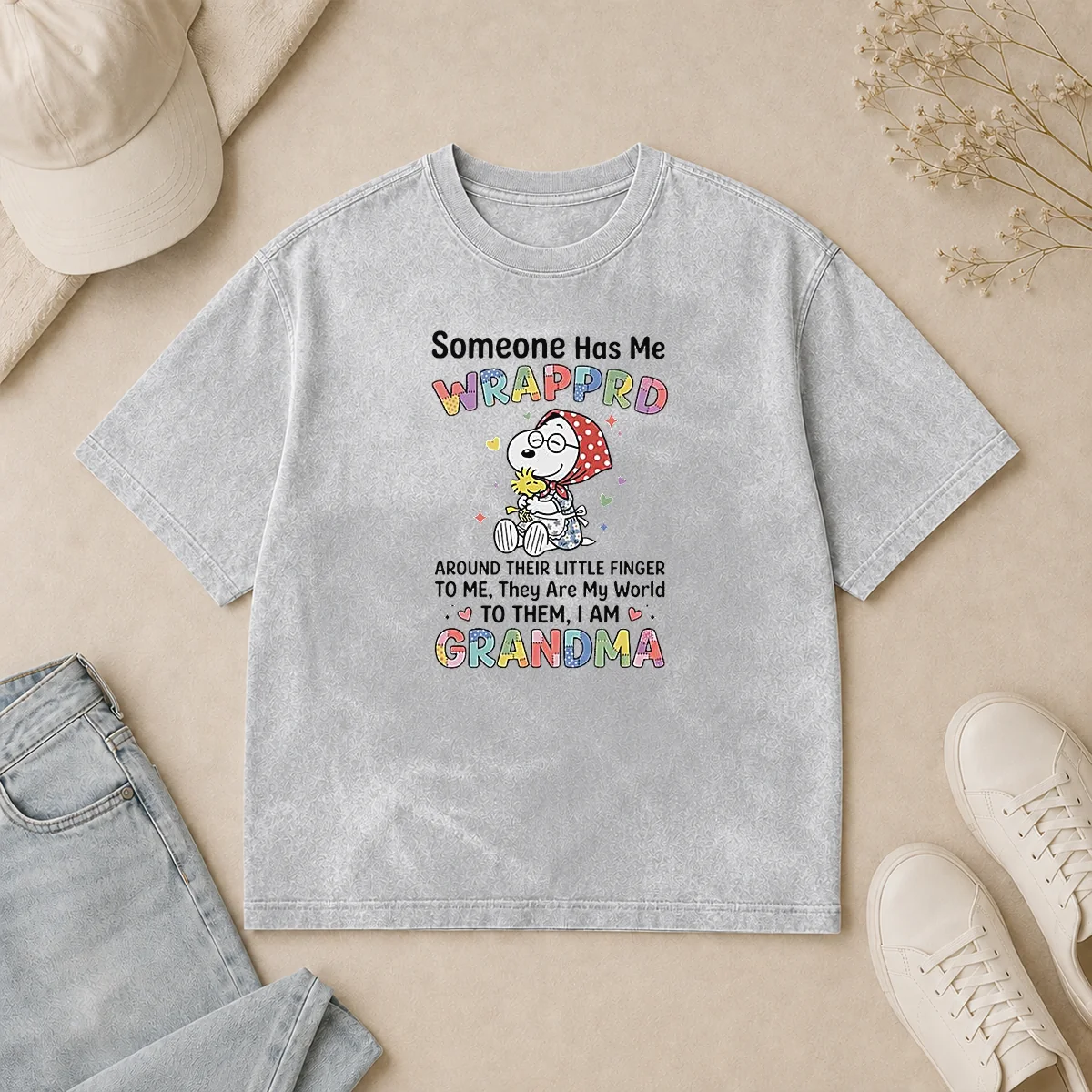 Hot Snoopy Woodstock Peanuts Someone Has Me Wrapprd Around Their Little Finger I Am Grandma Washed T Shirt Hot Snoopy Woodstock Peanuts Someone Has Me Wrapprd Around Their Little Finger I Am Grandma Washed T-Shirt