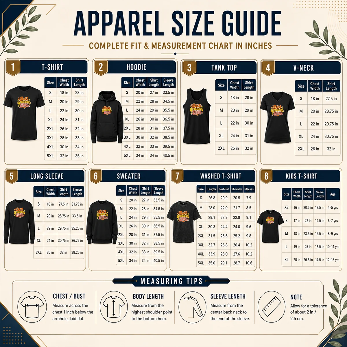 Nice Best Grandparents Ever Groovy Retro Size Chart Size chart for Nice Best Grandparents Ever Groovy Retro with measurements in inches and cm