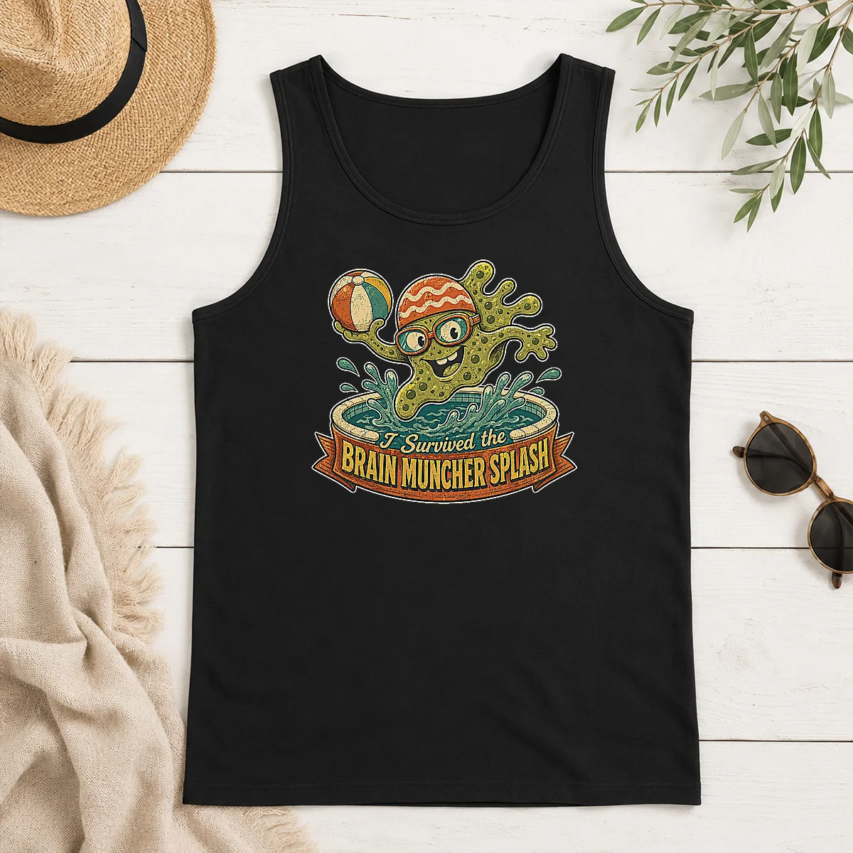 Nice Top Vintage Brain Muncher Splash Survivor Tank Top Nice Top Vintage Brain Muncher Splash Survivor tank top in a classic sleeveless style with bold graphic print