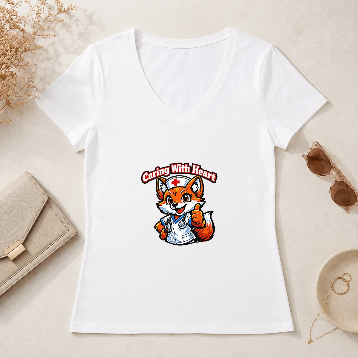Nurse Caring Fox Mascot Back to V-Neck Shirt Nurse Caring Fox Mascot Back to V-Neck Shirt