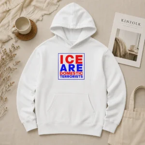 Official ICE Are Domestic Terrorists Hoodie in black with white bold text on front, displayed on a front-facing mannequin