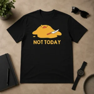 Official Melted Duck With Knife NOT TODAY t shirt in black, featuring bold graphic and text on front