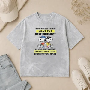 Official Snoopy Joe Cool Peanuts Know Why Old Friends Make The Best Friends washed t shirt in soft fabric with classic crew neck