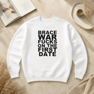 Original Brace War Fucks On The First Date Hardcore Sweater in black, featuring bold graphic print, crewneck style, and long sleeves