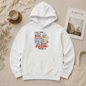 Original Duck I Don'T Think Inside The Box I Don'T Know Where The Fcking Box Is Coffee Hoodie in black, front view with kangaroo pocket and drawstring hood