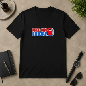 Original Free Gas Friday Gas Pump V Neck Shirt in charcoal gray, showing front graphic and V neckline