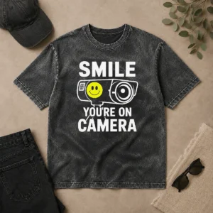 Original Nice Smile You'Re On Camera Security Camera With Smiley Face printed on a soft washed t shirt in light gray
