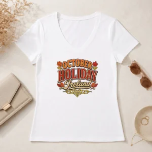 Original Pretty October Holiday Ireland Cozy Fall Typography V-Neck Shirt