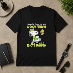 Original Top Snoopy I Wake Up Every Day With A Good Attitude And Then Idiots Happen V-Neck Shirt