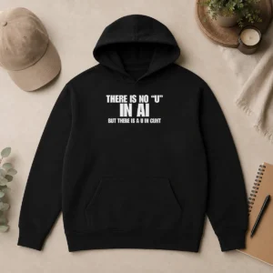 Perfect Nice There Is No U In AI But There Is A U In Cunt black hoodie with bold white text on front
