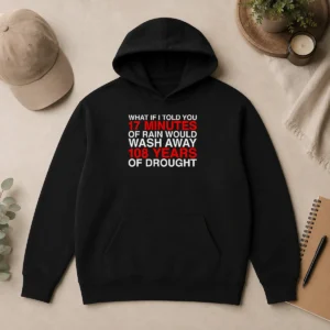 Perfect What If I Told You 17 Minutes Of Rain Would Wash Away 108 Years Of Drought Hoodie in black, front view with drawstring hood and kangaroo pocket