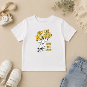 Premium Get On Board With The Lord Skateboarding kids t shirt in vibrant colors, featuring a skateboarding graphic