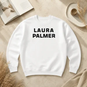 Premium Laura Palmer Twin Peaks I Killed Laura Palmer Sweater in black, featuring bold graphic print on front