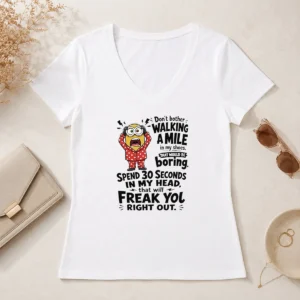 Premium Minion Dont Bother Walking A Mile In My Shoes That Would Be Boring Spend 30 Seconds In My V Neck Shirt in dark color showing front design