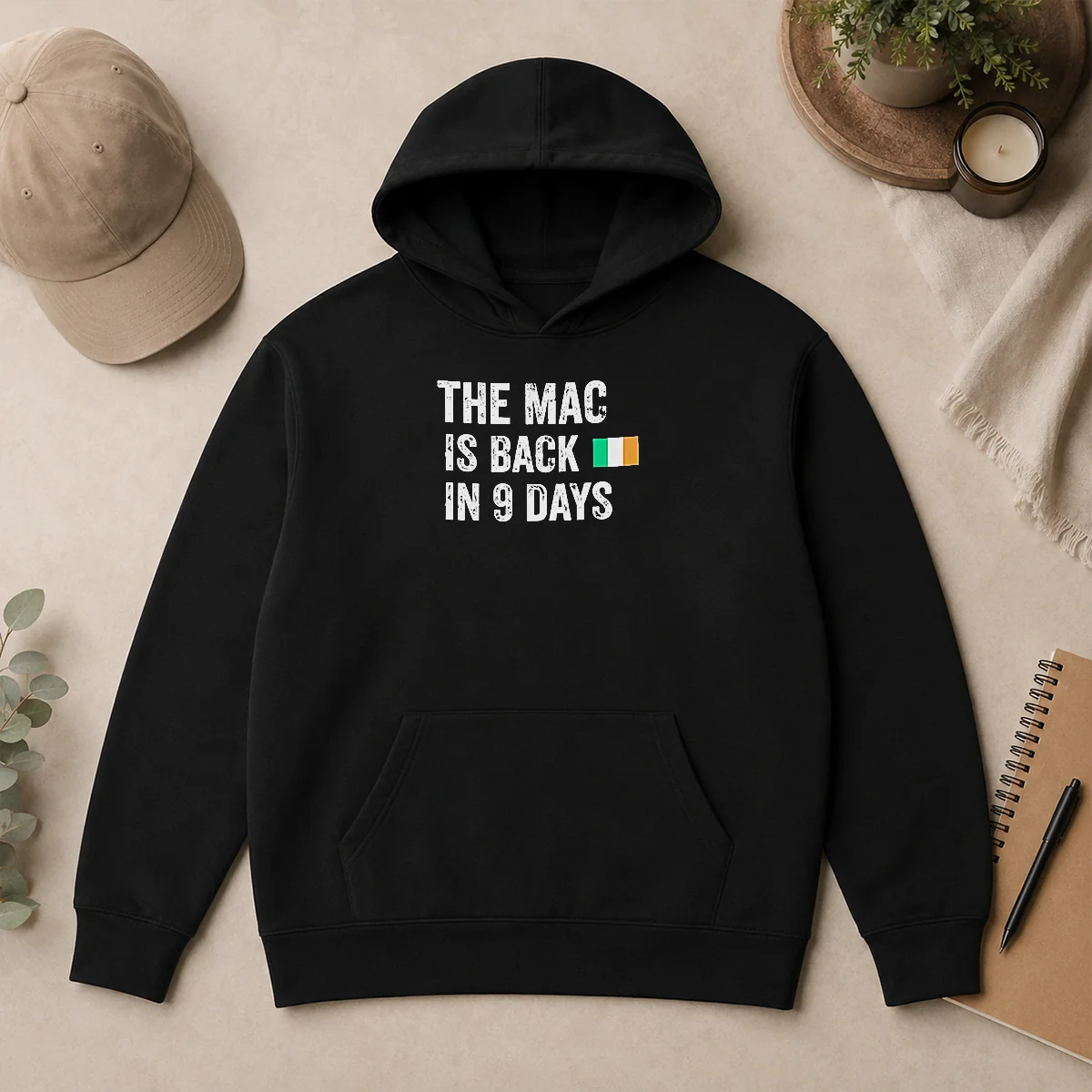 Premium Original The Mac Is Back In 9 Days Flag Hoodie Premium Original The Mac Is Back In 9 Days Flag Hoodie in black with front graphic and adjustable drawstring hood