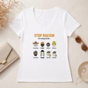 Premium Stop Racism It'S Okay To Be From USA French African Chinese Canadian Nomad German Austrian V Neck Shirt in black, front view