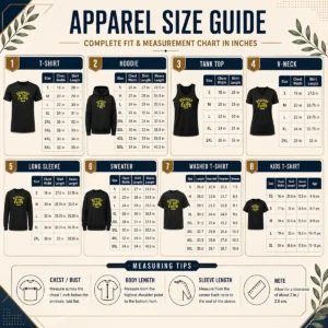 Size chart for Pretty Awesome Terror Keepers Of The Faith Hardcore Band with measurements in inches and cm