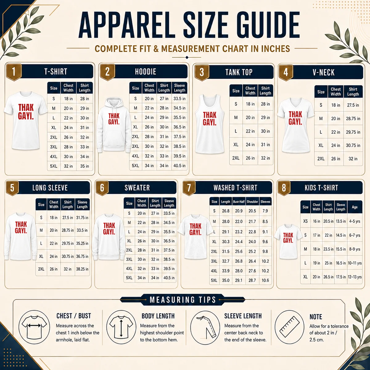 Pretty Funny Thak Gayi Hindi Tired Exhausted Size Chart Size chart for Pretty Funny Thak Gayi Hindi Tired Exhausted showing measurements in inches and cm