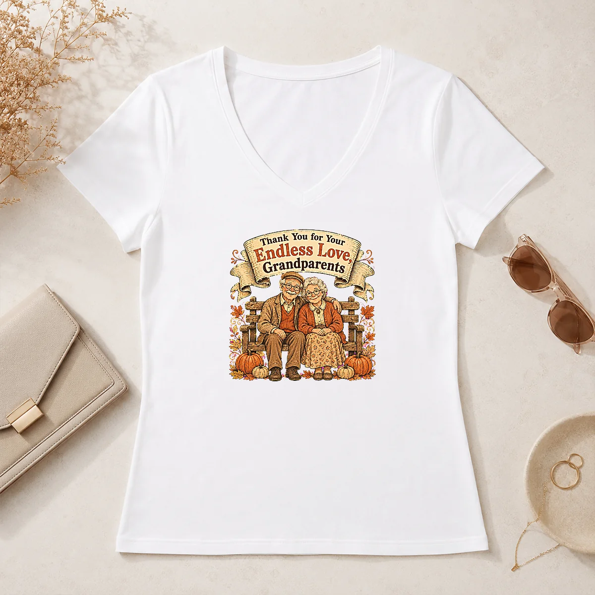 Pretty Grandparents Day Vintage Gratitude Family V-Neck Shirt Pretty Grandparents Day Vintage Gratitude Family V-Neck Shirt
