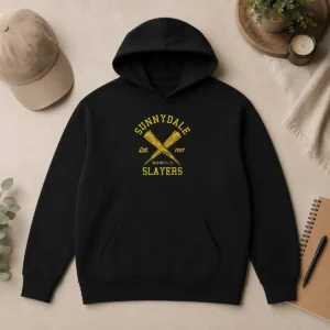 Pretty Nice Vampire Slayers Hoodie in charcoal gray with front pocket and adjustable hood