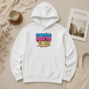 Pretty Official Dopamine Addicted To You Pixel Love Hoodie in black with front pixel art design and cozy fit