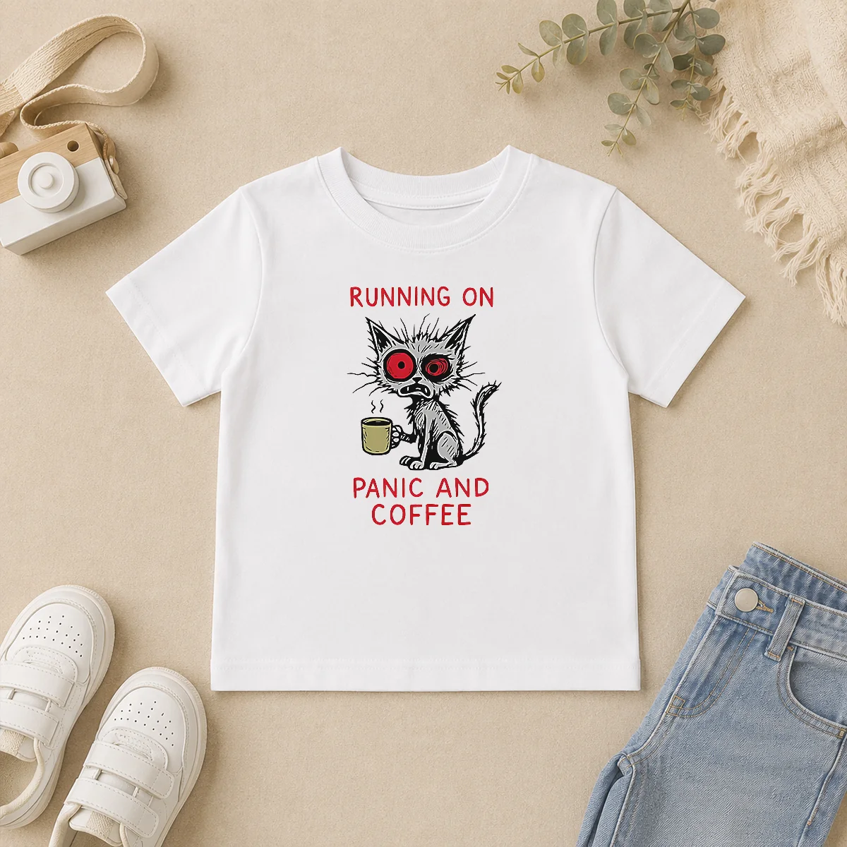 Pretty Running On Panic And Coffee Cat Caffeine Kids T Shirt Pretty Running On Panic And Coffee Cat Caffeine Kids T-Shirt