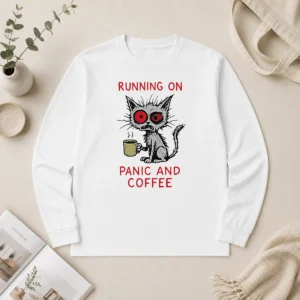 Pretty Running On Panic And Coffee Cat Caffeine Long Sleeve Shirt