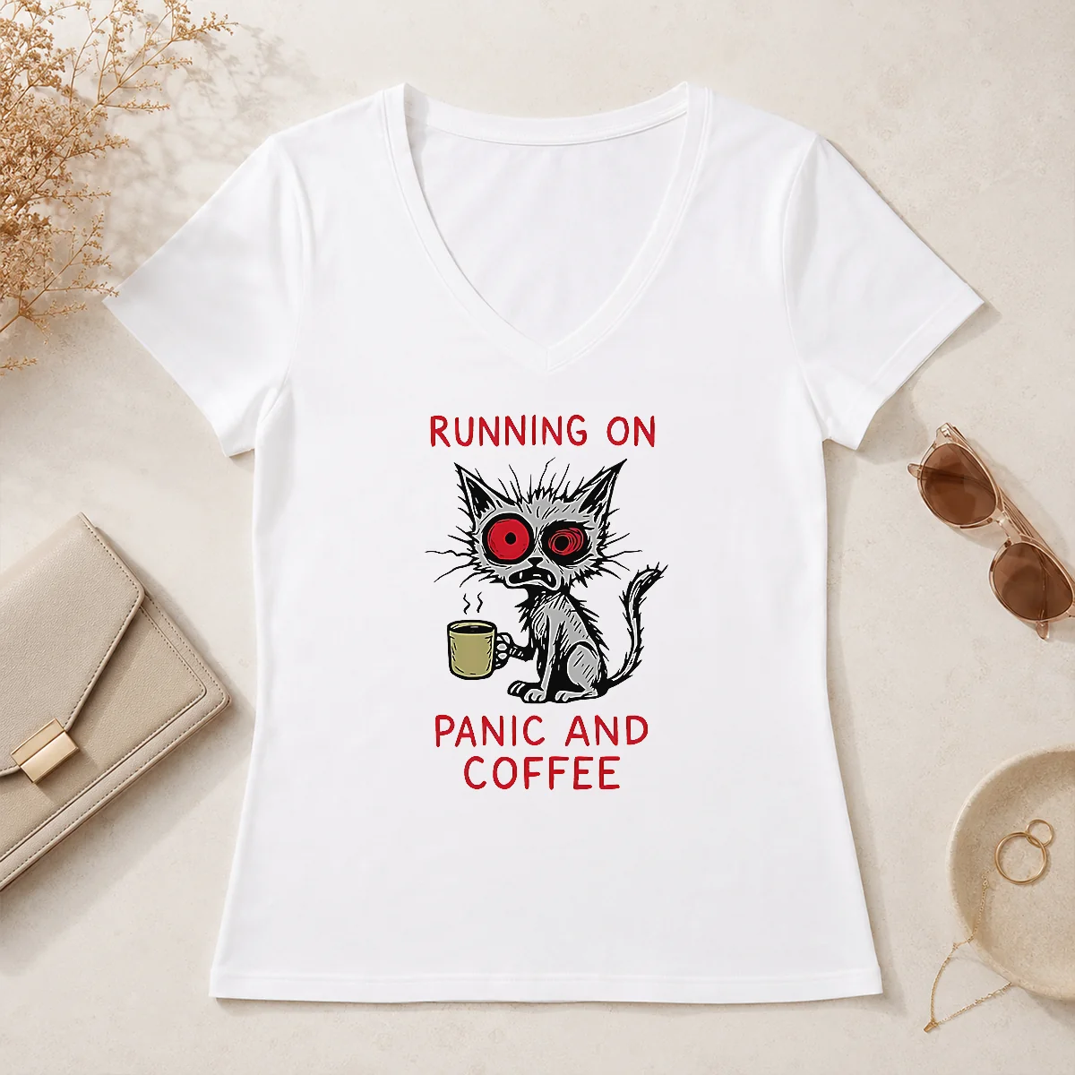 Pretty Running On Panic And Coffee V-Neck Shirt Pretty Running On Panic And Coffee V-Neck Shirt