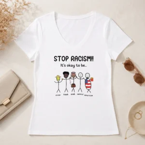 Pretty Stop Racism It'S Okay To Be Asian Black Arab Normal American V Neck Shirt in charcoal gray with bold white text