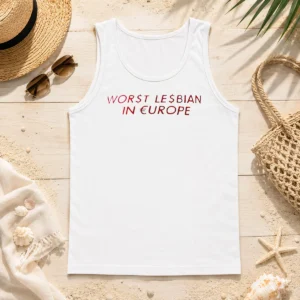 Pretty Worst Lesbian In Europe Text Tank Top in black with bold white lettering, sleeveless casual wear