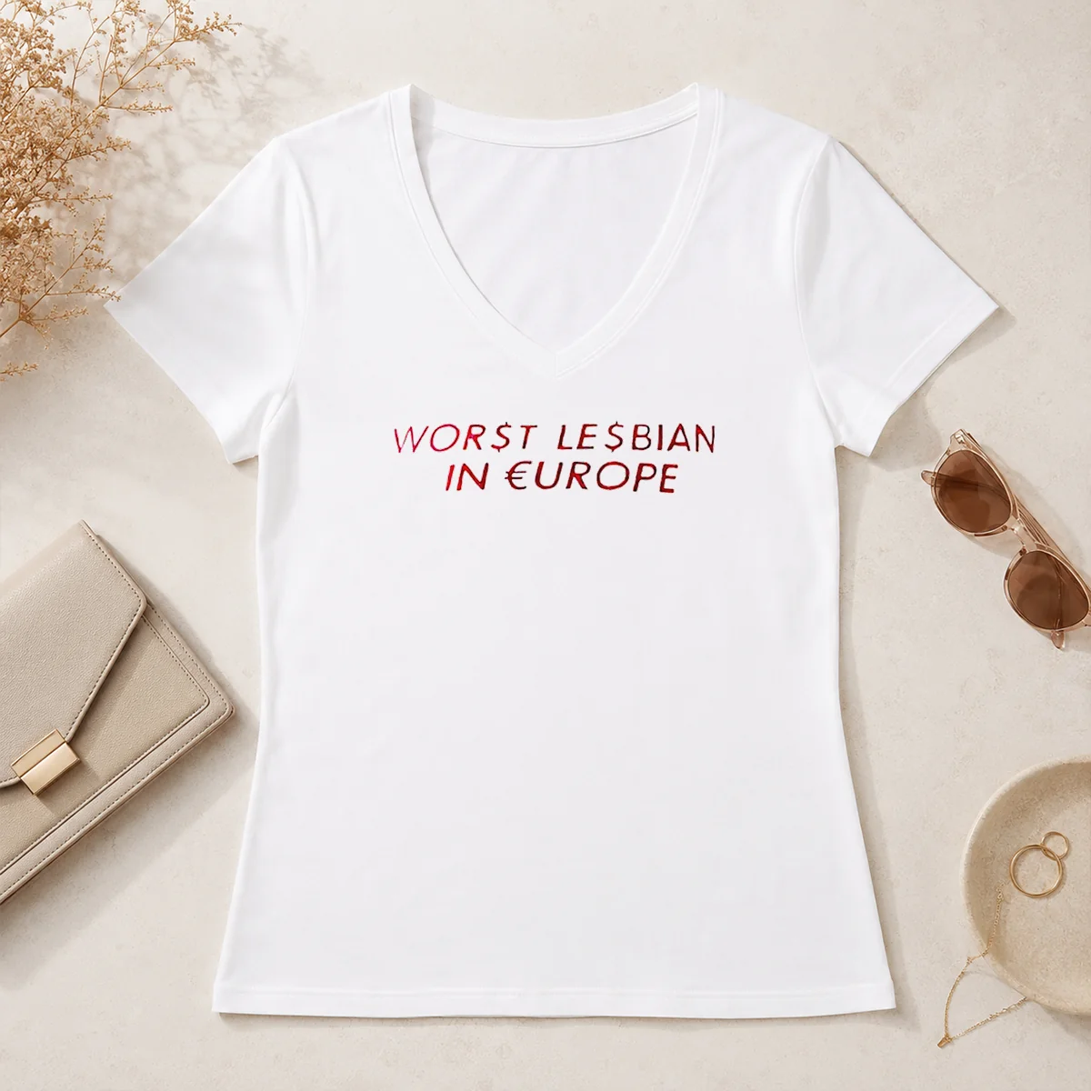 Pretty Worst Lesbian In Europe Text V-Neck Shirt Pretty Worst Lesbian In Europe Text V-Neck Shirt