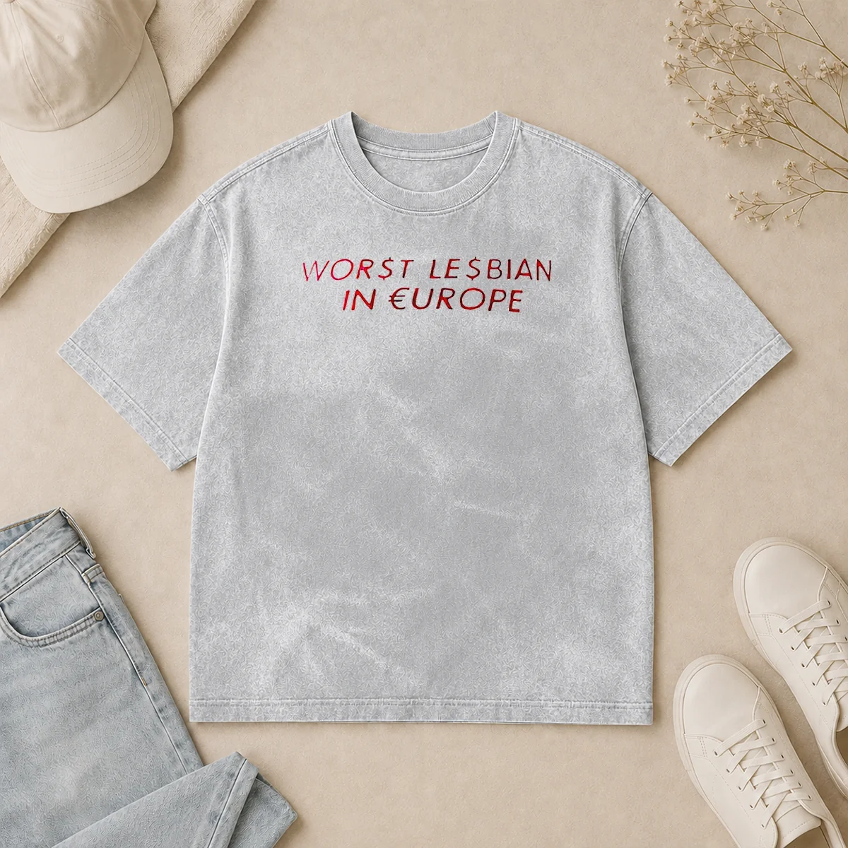 Pretty Worst Lesbian In Europe Text Washed T Shirt Pretty Worst Lesbian In Europe Text Washed T-Shirt