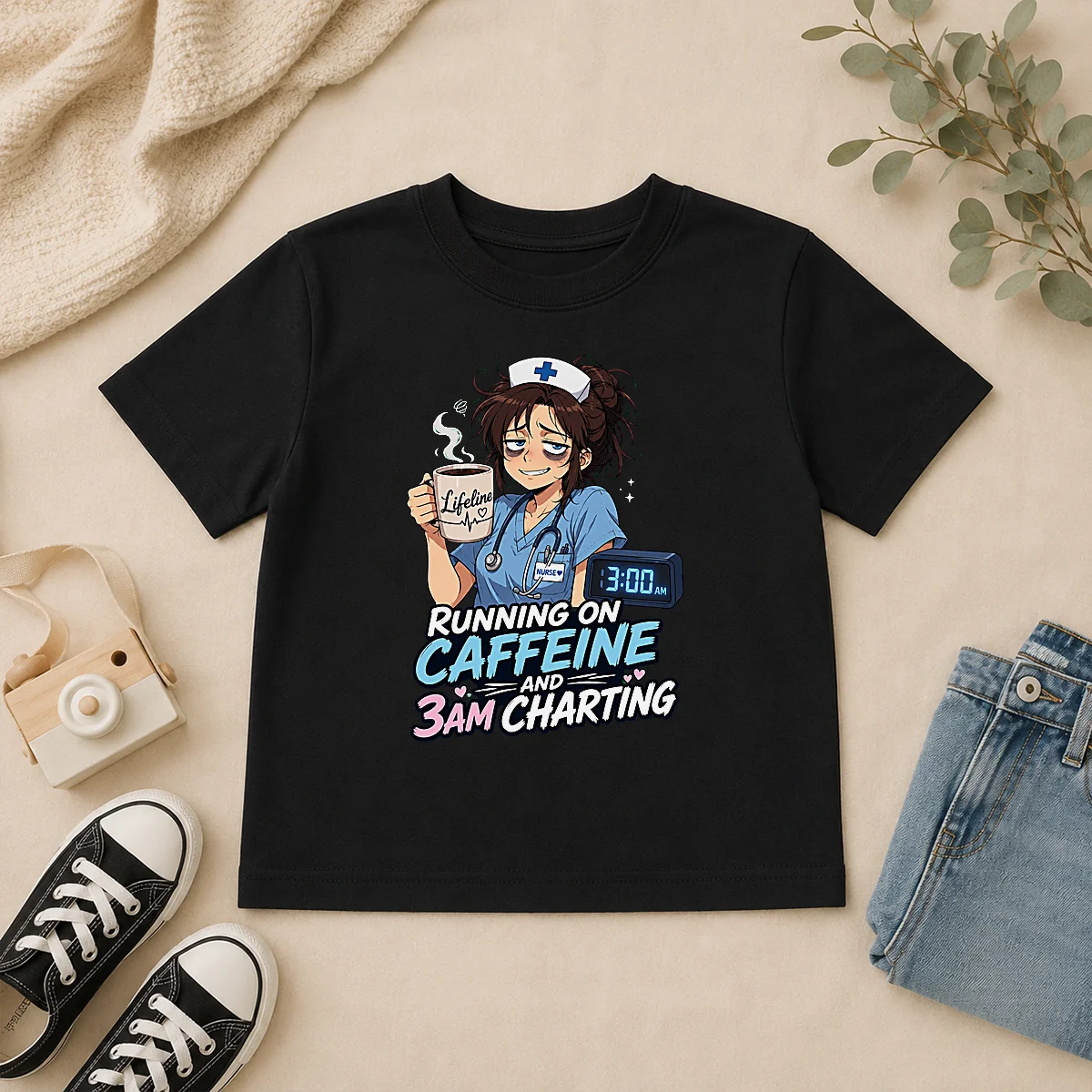Tired Nurse Running on Caffeine Anime Kids T Shirt Tired Nurse Running on Caffeine Anime Kids T-Shirt