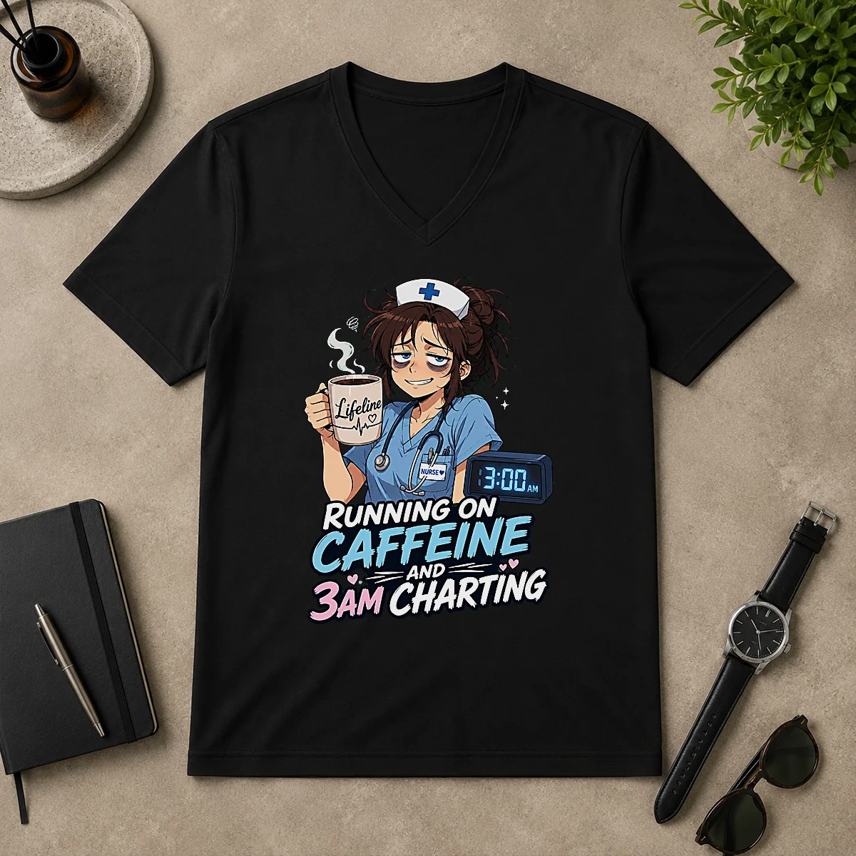 Tired Nurse Running on Caffeine Anime V-Neck Shirt Tired Nurse Running on Caffeine Anime V-Neck Shirt