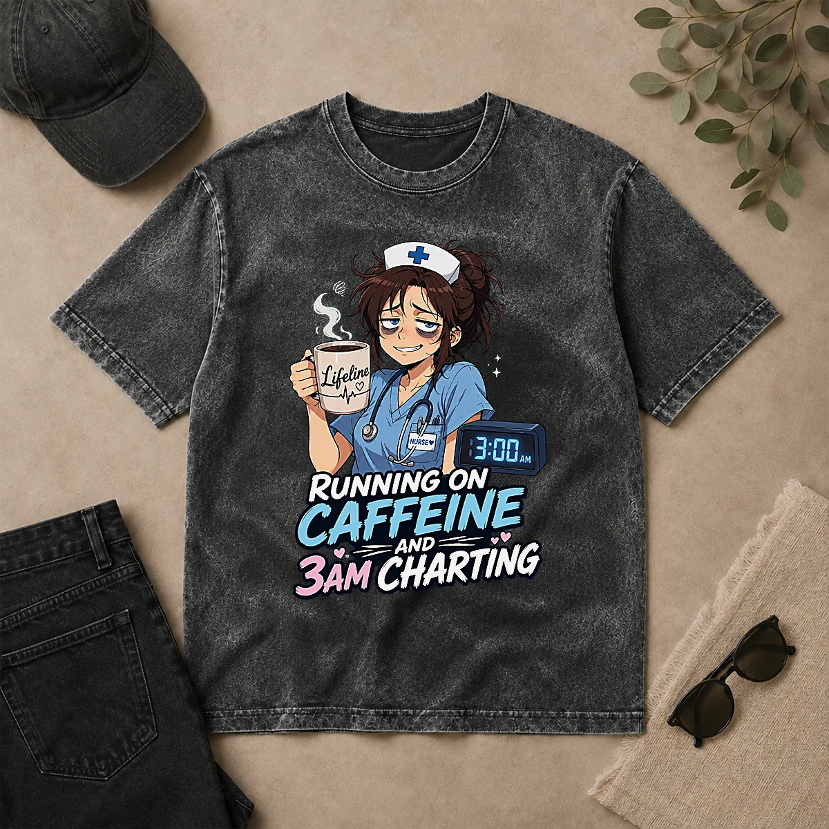 Tired Nurse Running on Caffeine Anime Washed T Shirt Tired Nurse Running on Caffeine Anime Washed T-Shirt