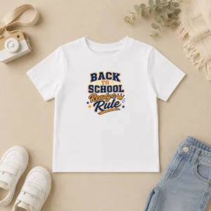 Top Back To School Vector Typography Ready To Rule Kids T Shirt in navy blue with bold white and red lettering