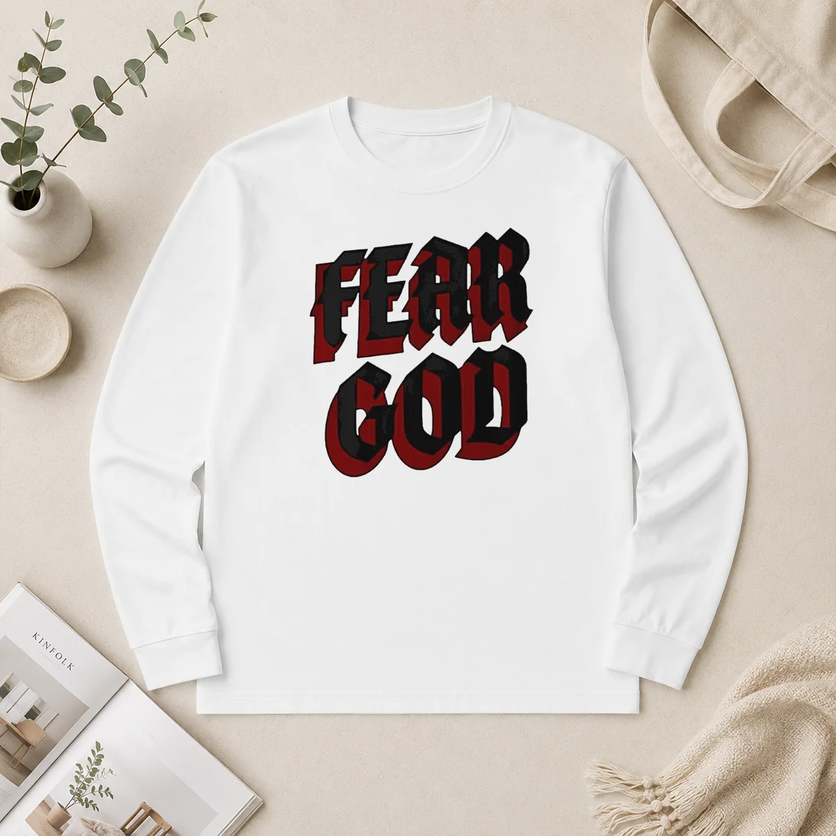 Top Fear God Script Print Faith Inspired Minimalist Religious Statement Long Sleeve Shirt Top Fear God Script Print Faith Inspired Minimalist Religious Statement Long Sleeve Shirt in white with black lettering