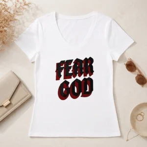 Top Fear God Script Print Faith Inspired Minimalist Religious Statement V Neck Shirt in black fabric with white lettering