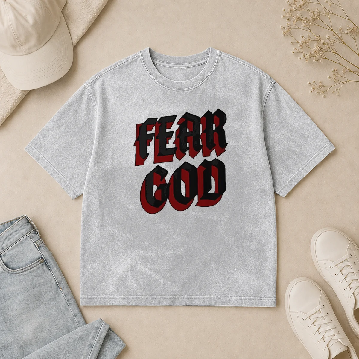 Top Fear God Script Print Faith Inspired Minimalist Religious Statement Washed T Shirt Top Fear God Script Print Faith Inspired Minimalist Religious Statement Washed T-Shirt