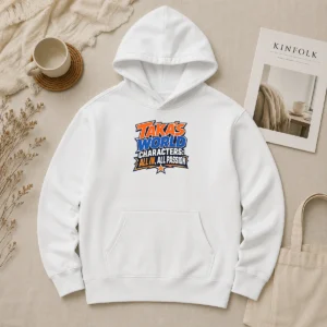 Top Hot Takas World Characters Anime Art Passion Hoodie featuring vibrant anime character artwork on a comfortable pullover hoodie