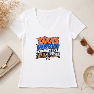 Top Hot Takas World Characters Anime Art Passion V Neck Shirt featuring vibrant anime artwork on a comfortable V neck garment