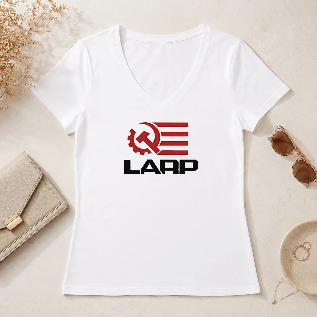 Top Larp Hammer And Sickle American V-Neck Shirt Top Larp Hammer And Sickle American V-Neck Shirt