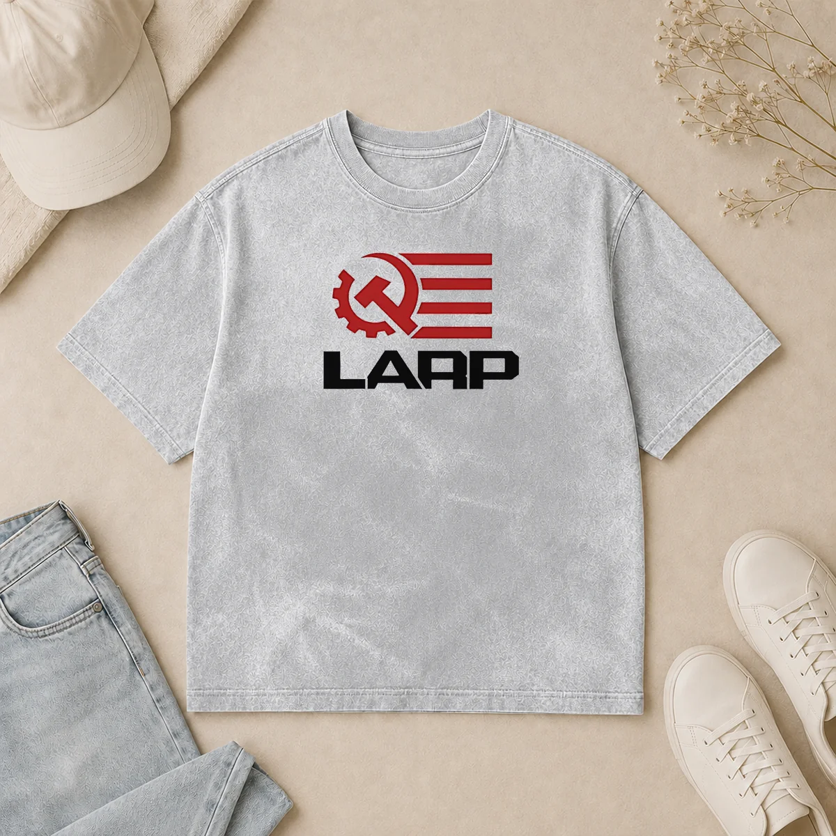 Top Larp Hammer And Sickle American Flag Logo Washed T Shirt Top Larp Hammer And Sickle American Flag Logo Washed T-Shirt